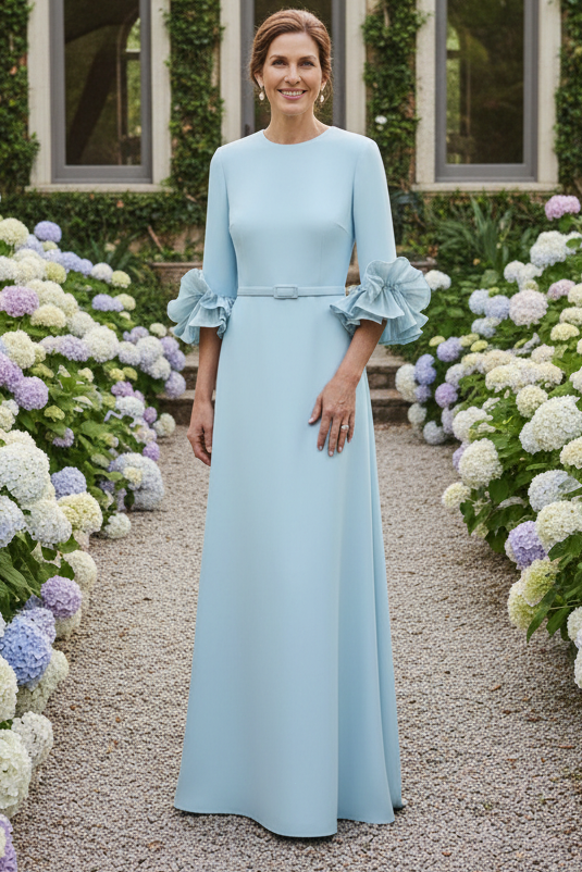 Belted Maxi Dress with Ruffled Flounce Sleeves