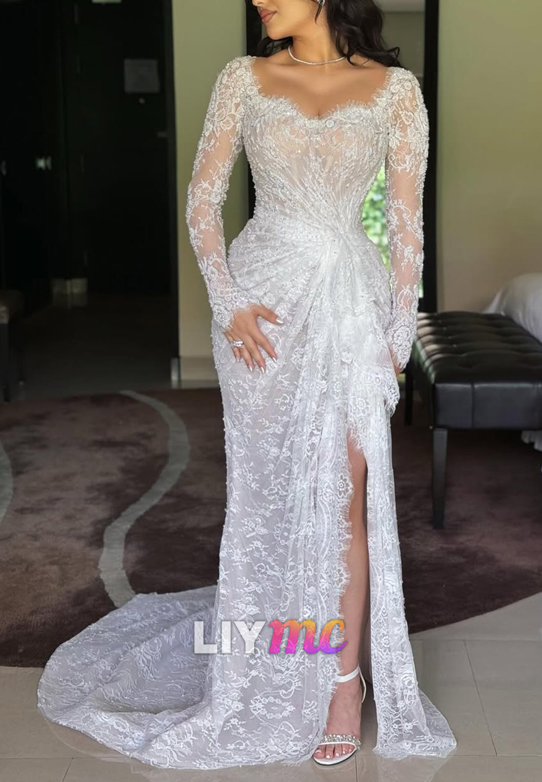 Lace Long Sleeve Slit Wedding Dress