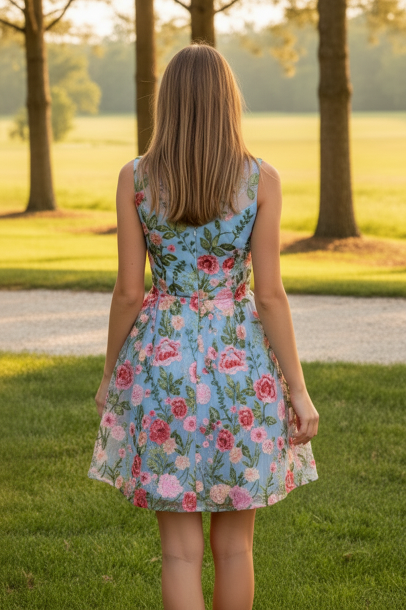 Floral Embroidered Mesh Fit and Flare Mini Dress
