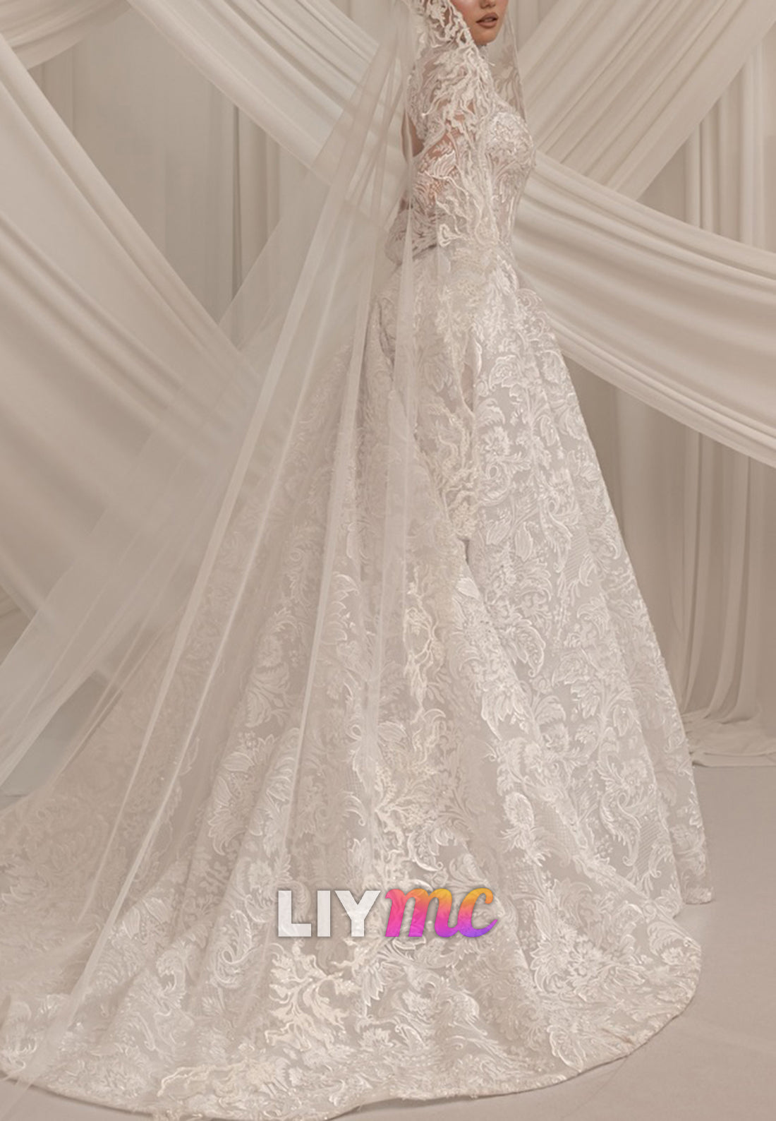 High Neck Lace Long Sleeve Wedding Dress with Overskirt