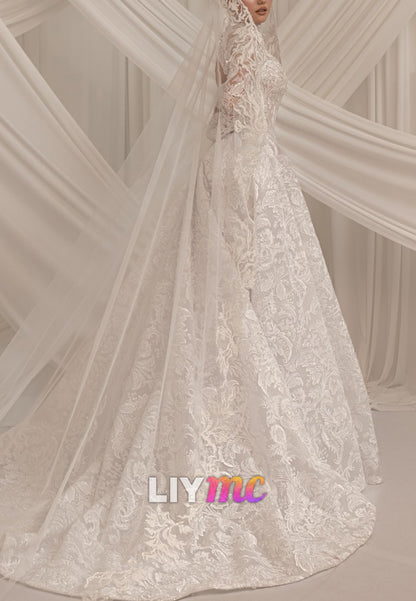High Neck Lace Long Sleeve Wedding Dress with Overskirt