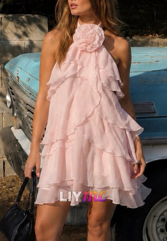 Tiered Ruffle Halter Mini Dress with 3D Flower Detail