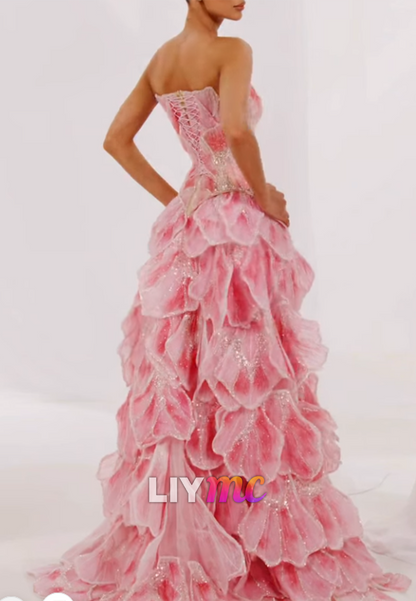 Strapless Tiered Ruffle Ball Gown with Glitter Petals