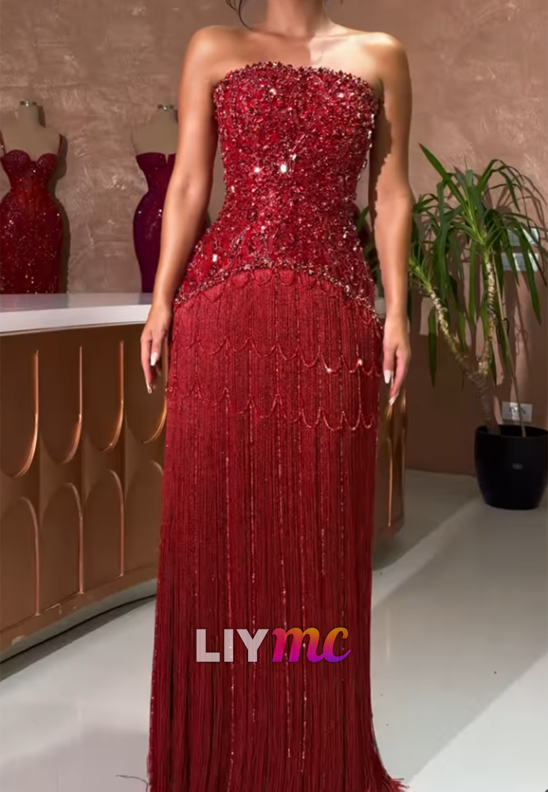 Strapless Beaded Bodice Fringe Column Gown