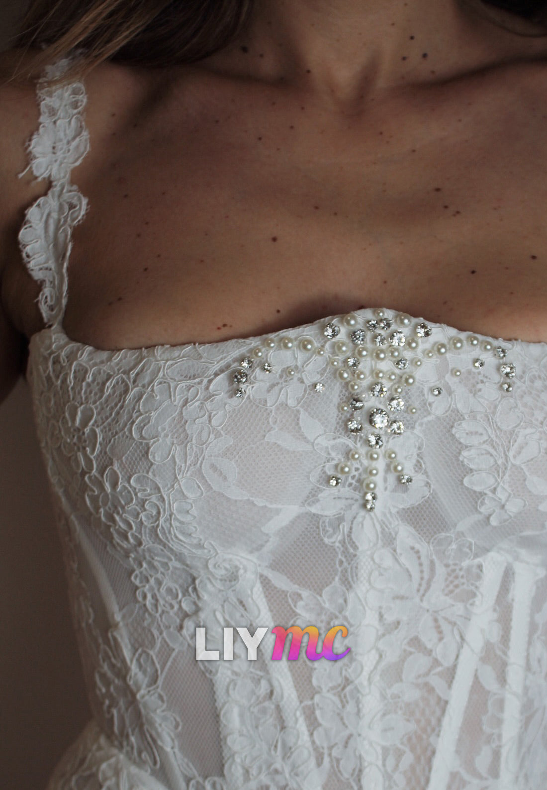 Lace Corset Bridal Mini Dress with Pearls