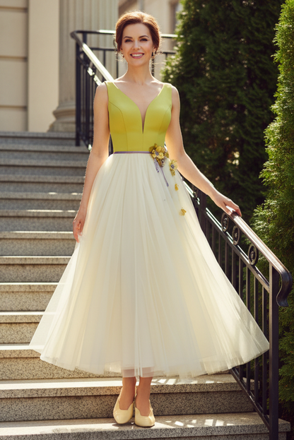 Plunge Neck Tulle Midi Dress with 3D Flowers