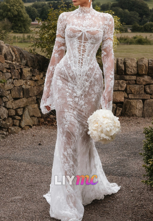 Illusion Lace Long Sleeve Mermaid Wedding Dress with Train