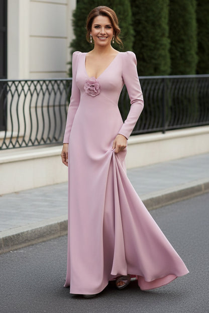Long Sleeve V-Neck A-Line Evening Gown with 3D Flower