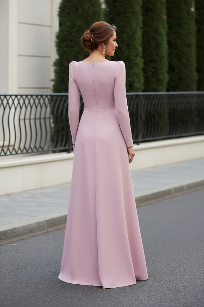 Long Sleeve V-Neck A-Line Evening Gown with 3D Flower