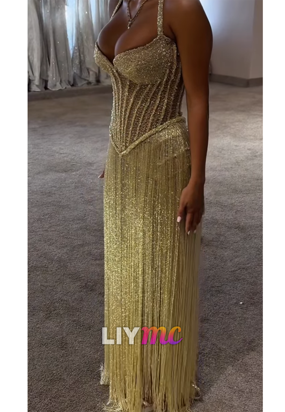 Corset Maxi Dress with Fringe Skirt & Spaghetti Straps