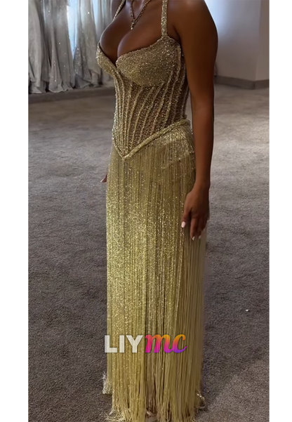 Corset Maxi Dress with Fringe Skirt & Spaghetti Straps