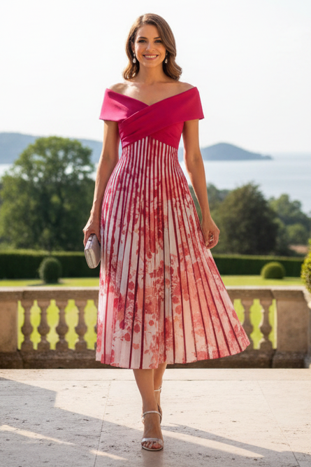 Pleated Midi Dress with Wrap-Over Bodice