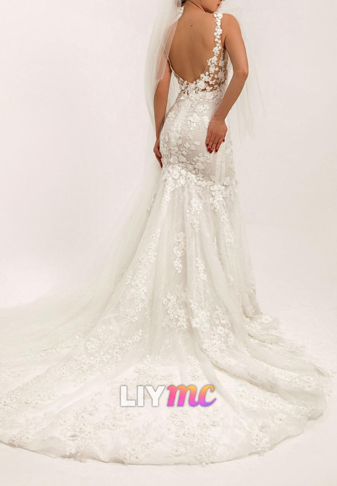 3D Floral Lace Mermaid Wedding Dress with Shoulder Bows