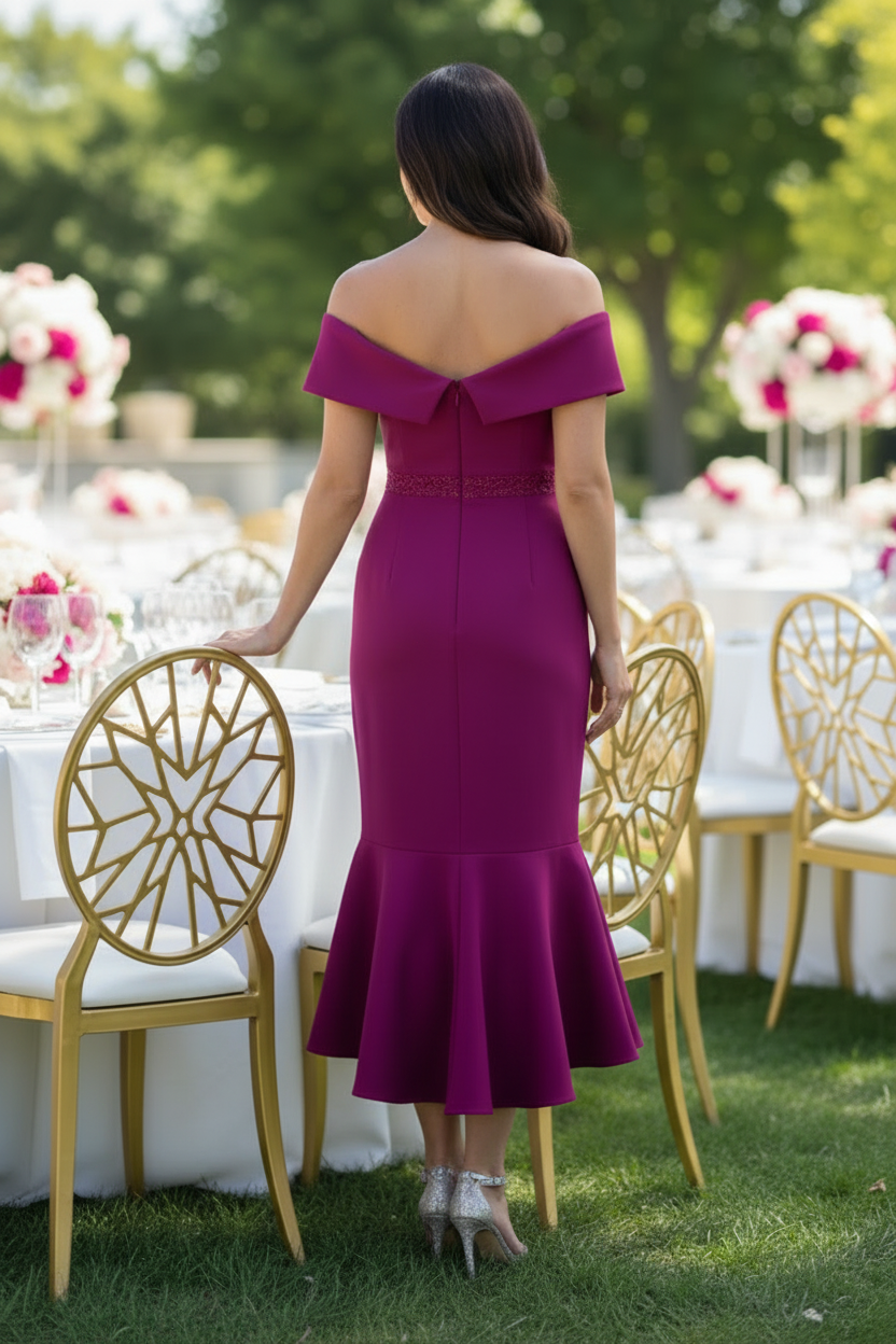 Off-the-Shoulder High-Low Midi Dress with Side Ruffle