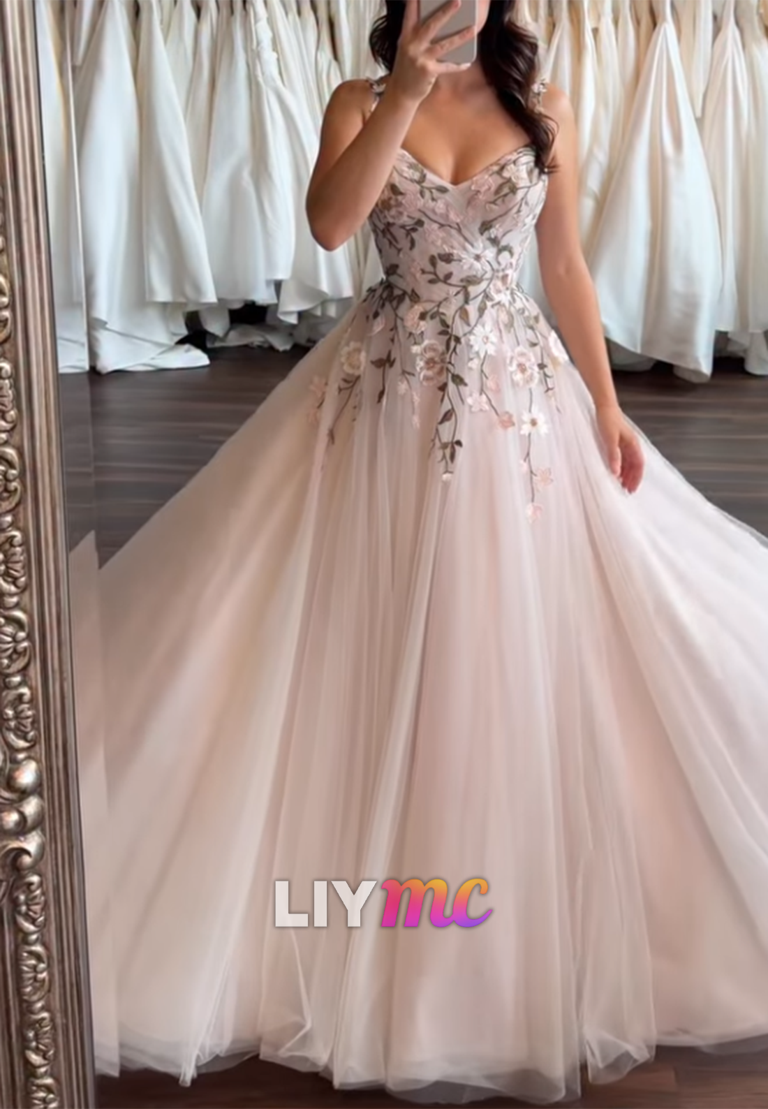 Floral Embroidered A-Line Tulle Wedding Dress