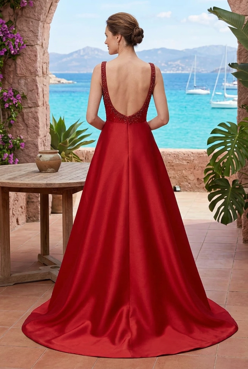 Beaded Bodice A-Line Gown with Front Slit