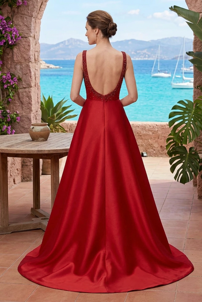 Beaded Bodice A-Line Gown with Front Slit