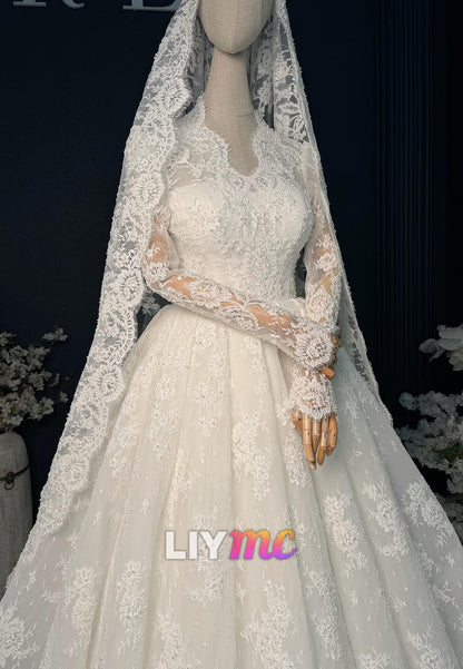 Long Sleeve Lace Ball Gown with Cathedral Veil