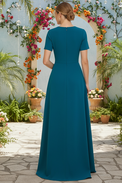 Floral Applique A-Line Evening Gown with Short Sleeves