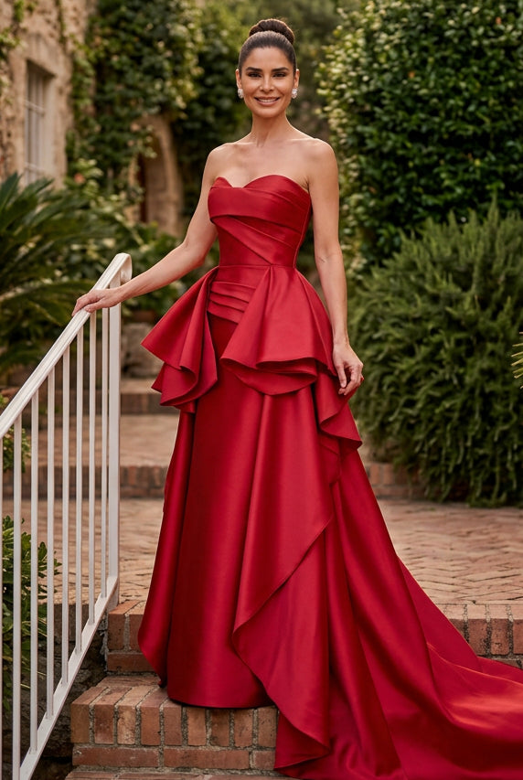 Strapless Peplum Evening Gown with Tiered Drape