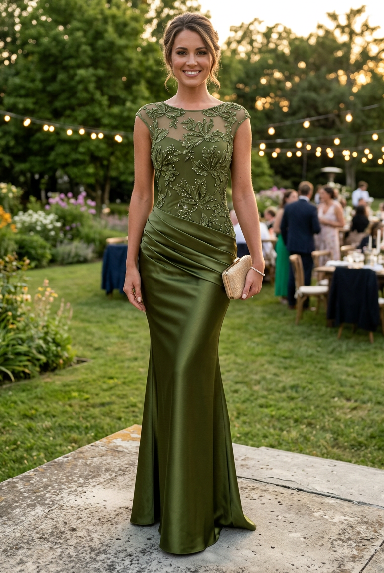 Embroidered Illusion Bodice Ruched Satin Maxi Gown