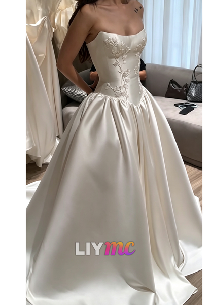 Strapless Floral Embroidered Satin Ball Gown