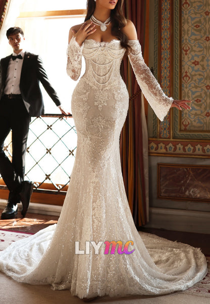 Off-the-Shoulder Pearl Lace Mermaid Wedding Dress
