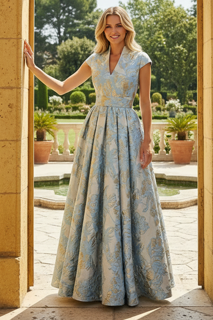 Floral Jacquard A-Line Gown with Mandarin Collar