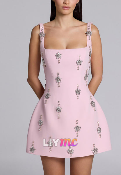 Crystal Embellished Square Neck Mini A-Line Dress