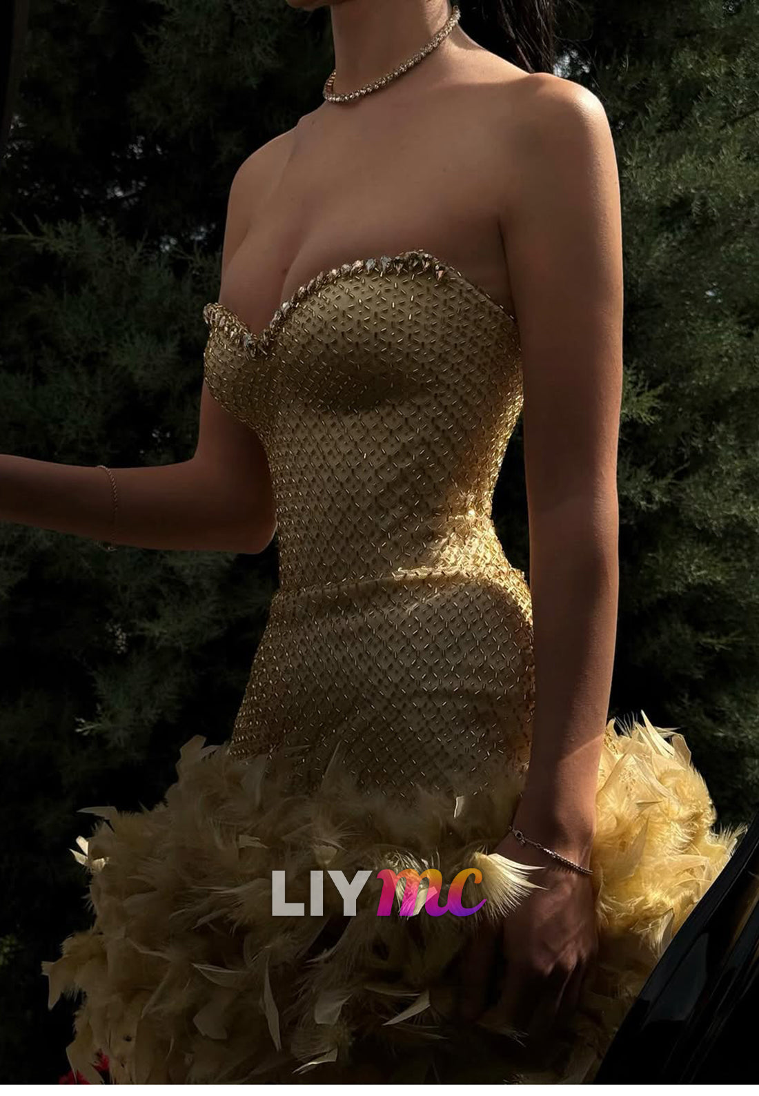 Strapless Beaded Corset Feather Mini Dress