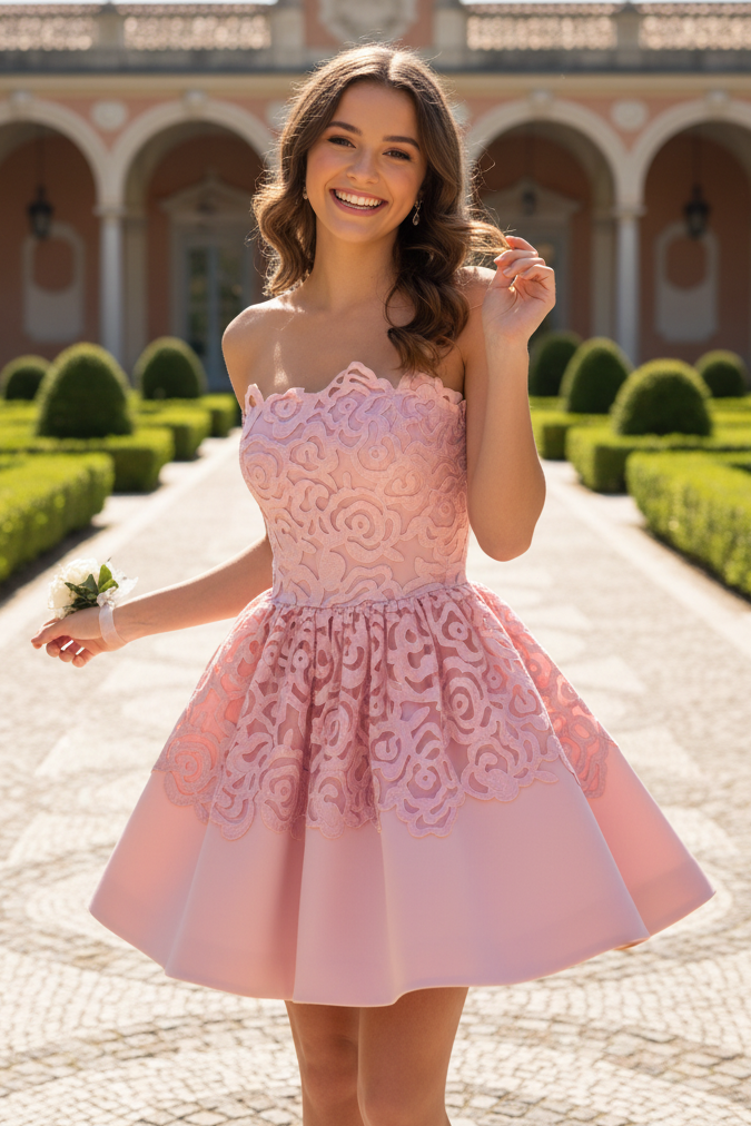 Strapless Lace Applique Flared Mini Dress