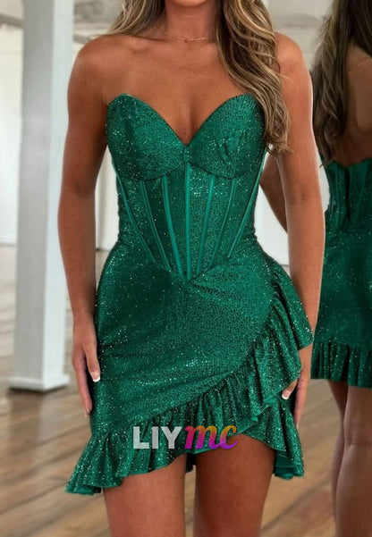 Strapless Sweetheart Corset Ruffled Mini Dress
