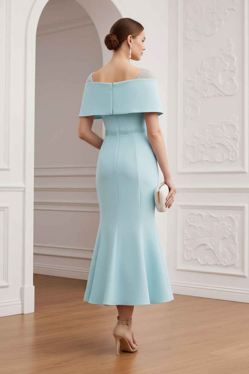 Off-the-Shoulder Beaded Midi Trumpet Dress