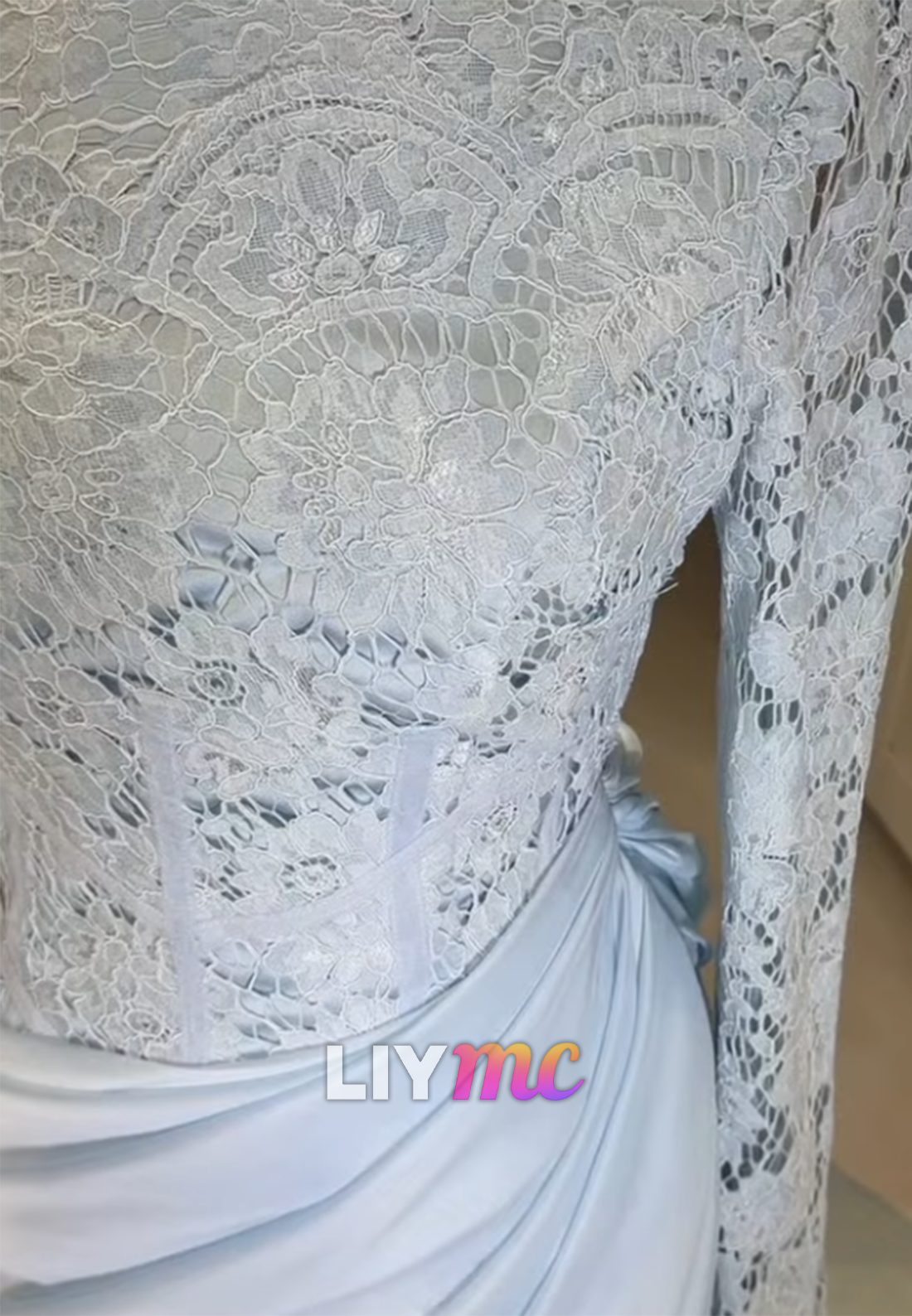 High-Neck Lace Long Sleeve Gown with Draped Skirt