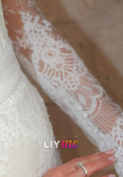 High Neck Lace Long Sleeve Wedding Dress with Satin Bow