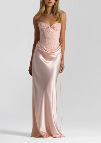 Strapless Beaded Corset Maxi Dress with Cowl