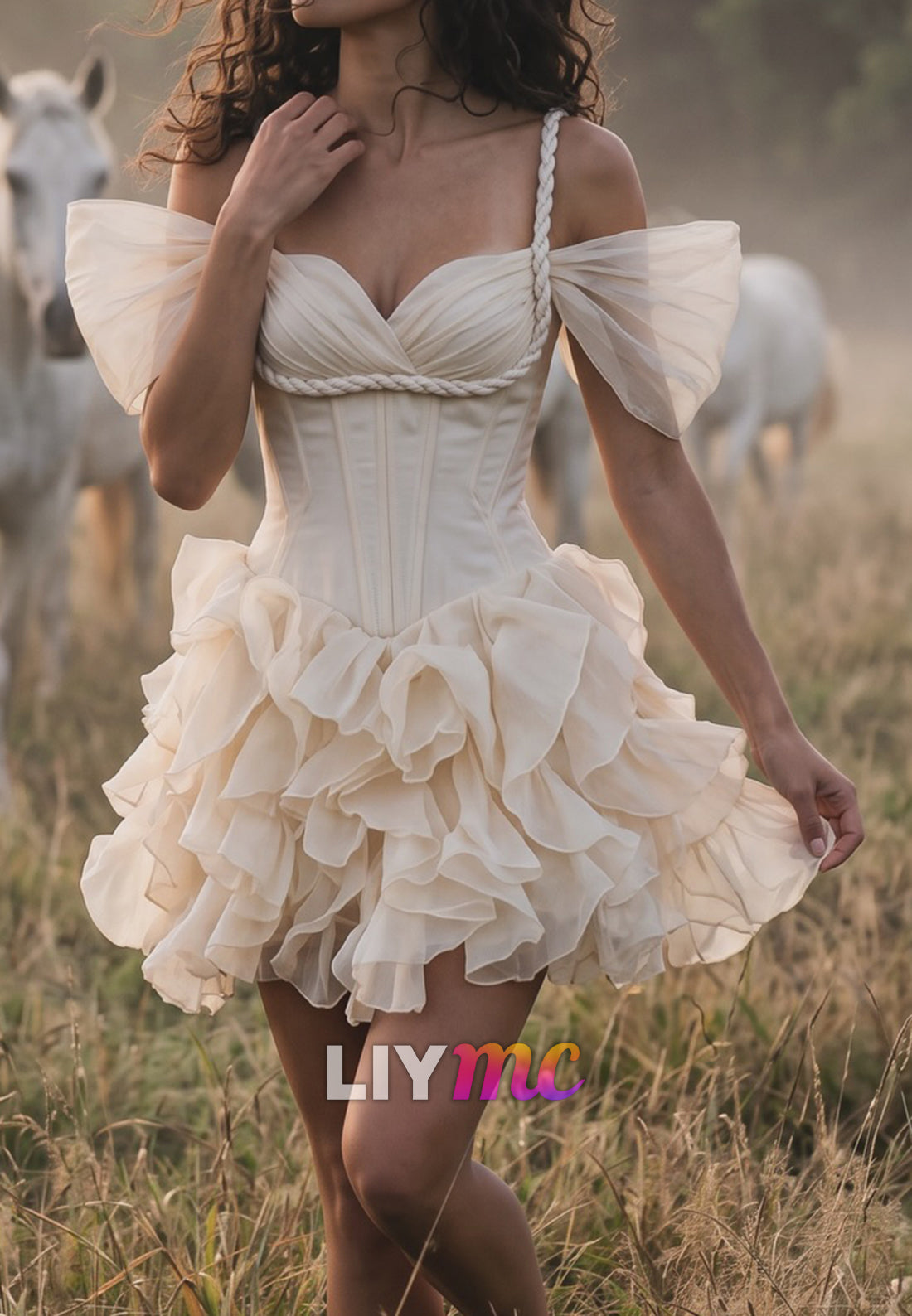 Corset Mini Dress with Flutter Sleeves and Ruffled Skirt
