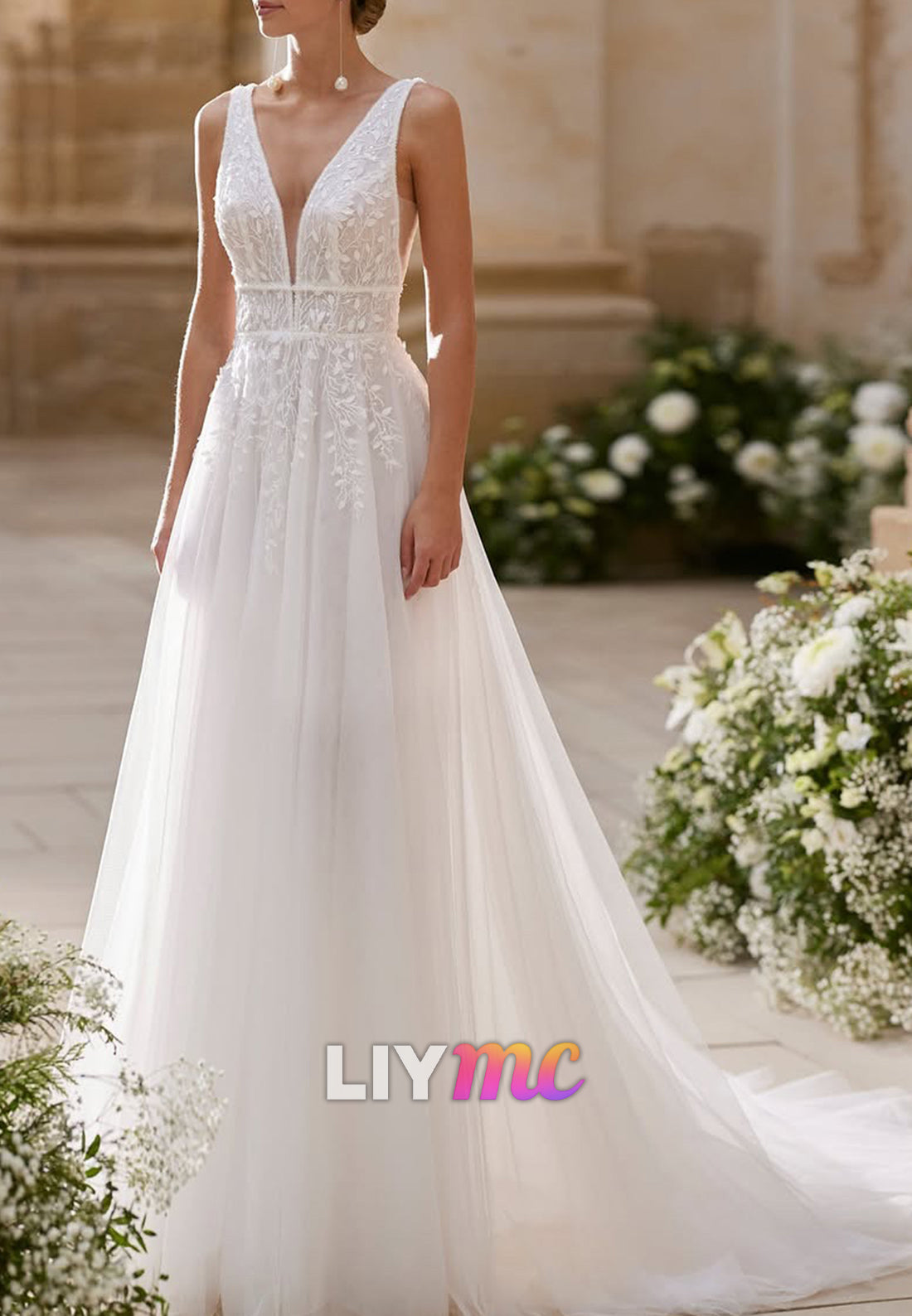 A-Line Lace Applique Tulle Wedding Dress with Open Back