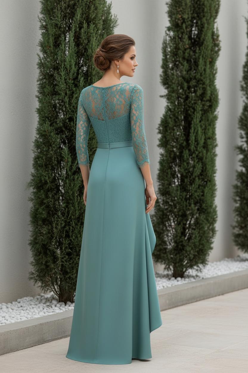 Illusion Lace Bodice Evening Gown with Ruffle Skirt