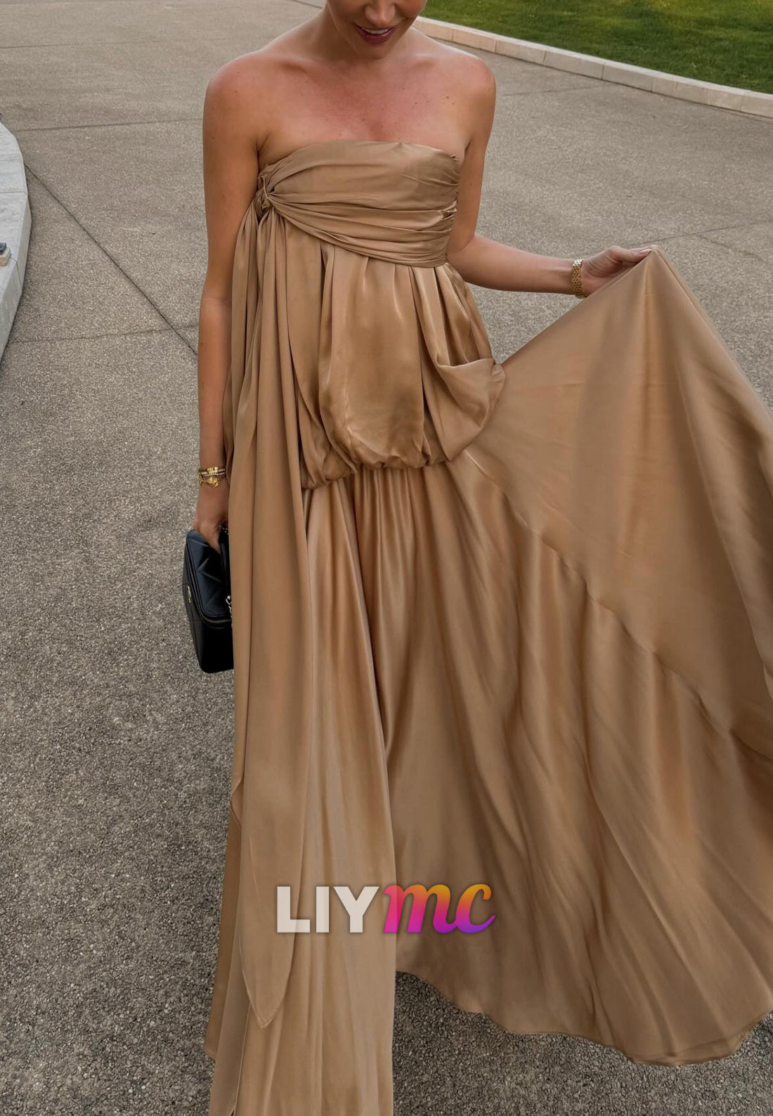 Strapless Ruched Satin Maxi Dress with Bubble Waist