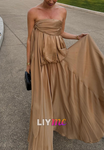 Strapless Ruched Satin Maxi Dress with Bubble Waist