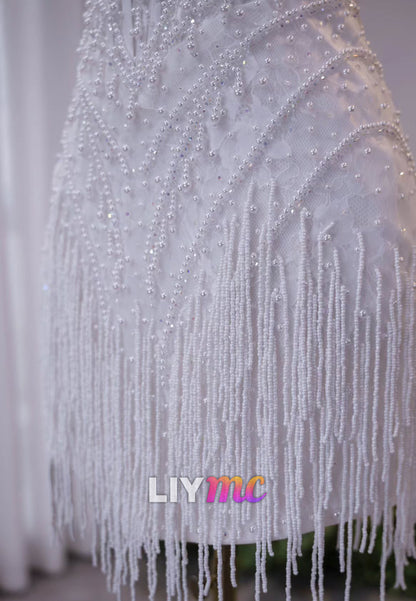 Strapless Beaded Fringe Mini Wedding Dress