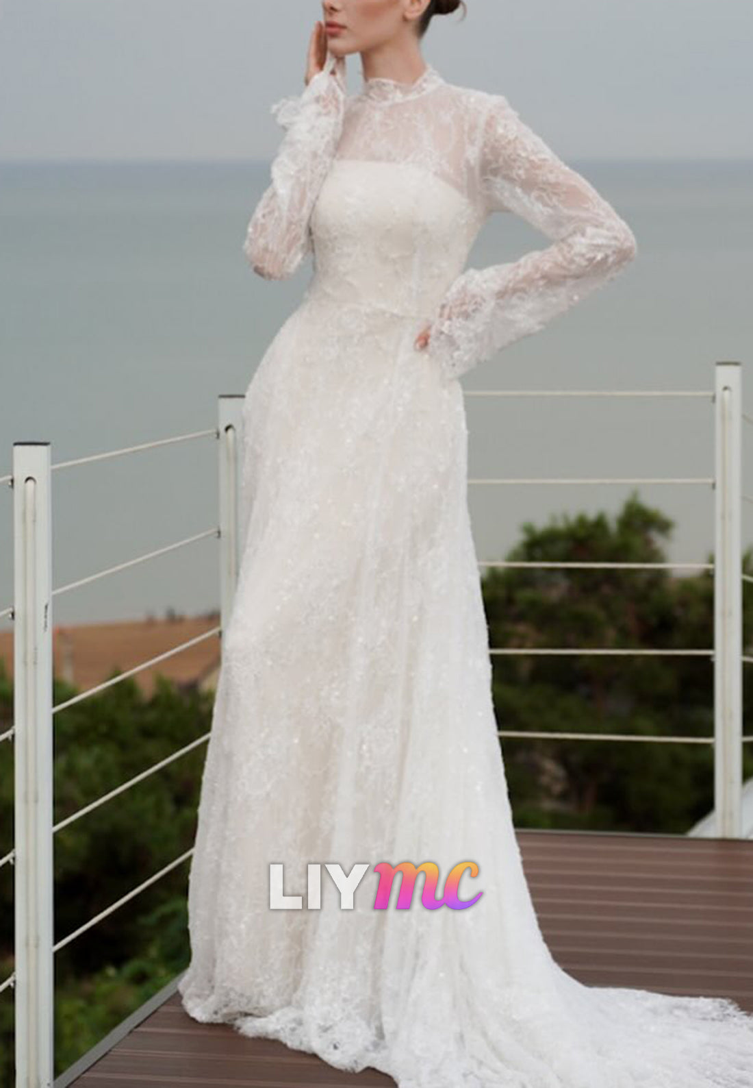 Illusion High Neck Lace Long Sleeve Wedding Dress