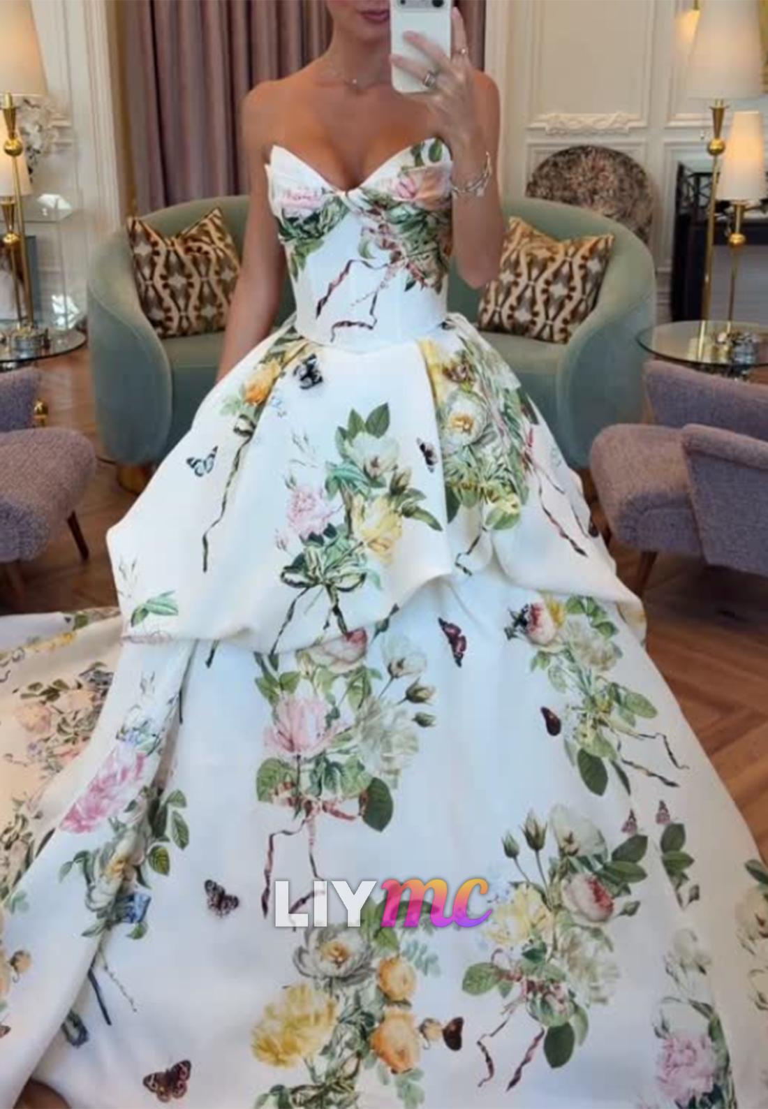 Floral Strapless Ball Gown with Peplum Skirt