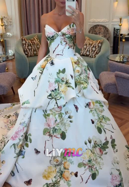 Floral Strapless Ball Gown with Peplum Skirt