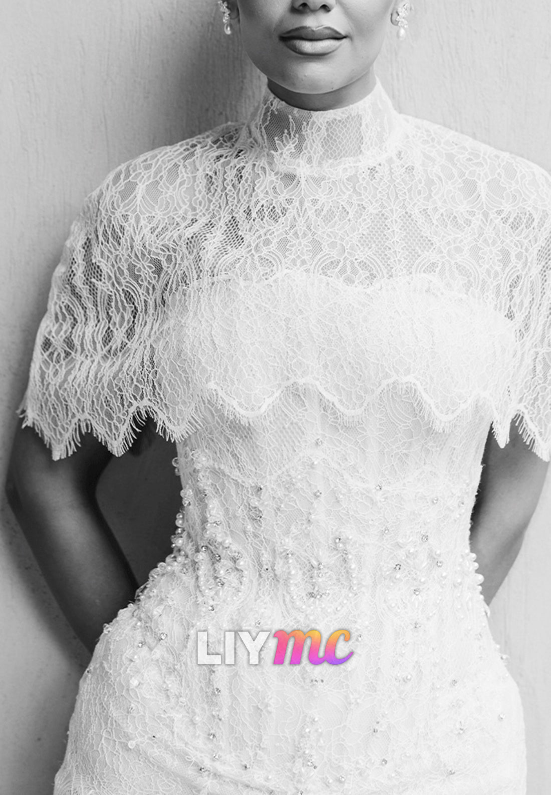 High Neck Lace Sheath Wedding Dress with Capelet