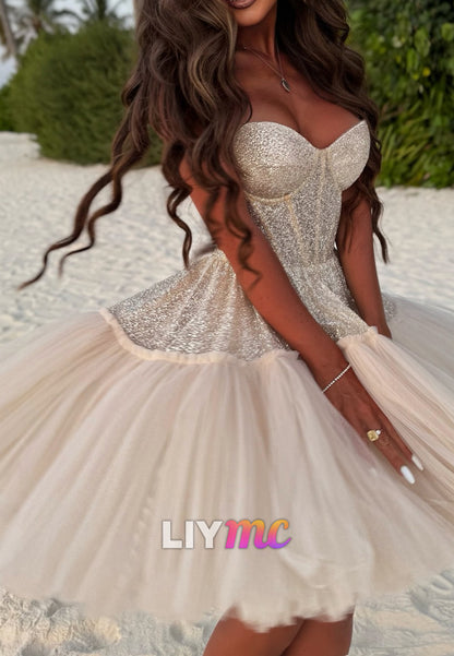 Strapless Glitter Corset Tulle Mini Dress