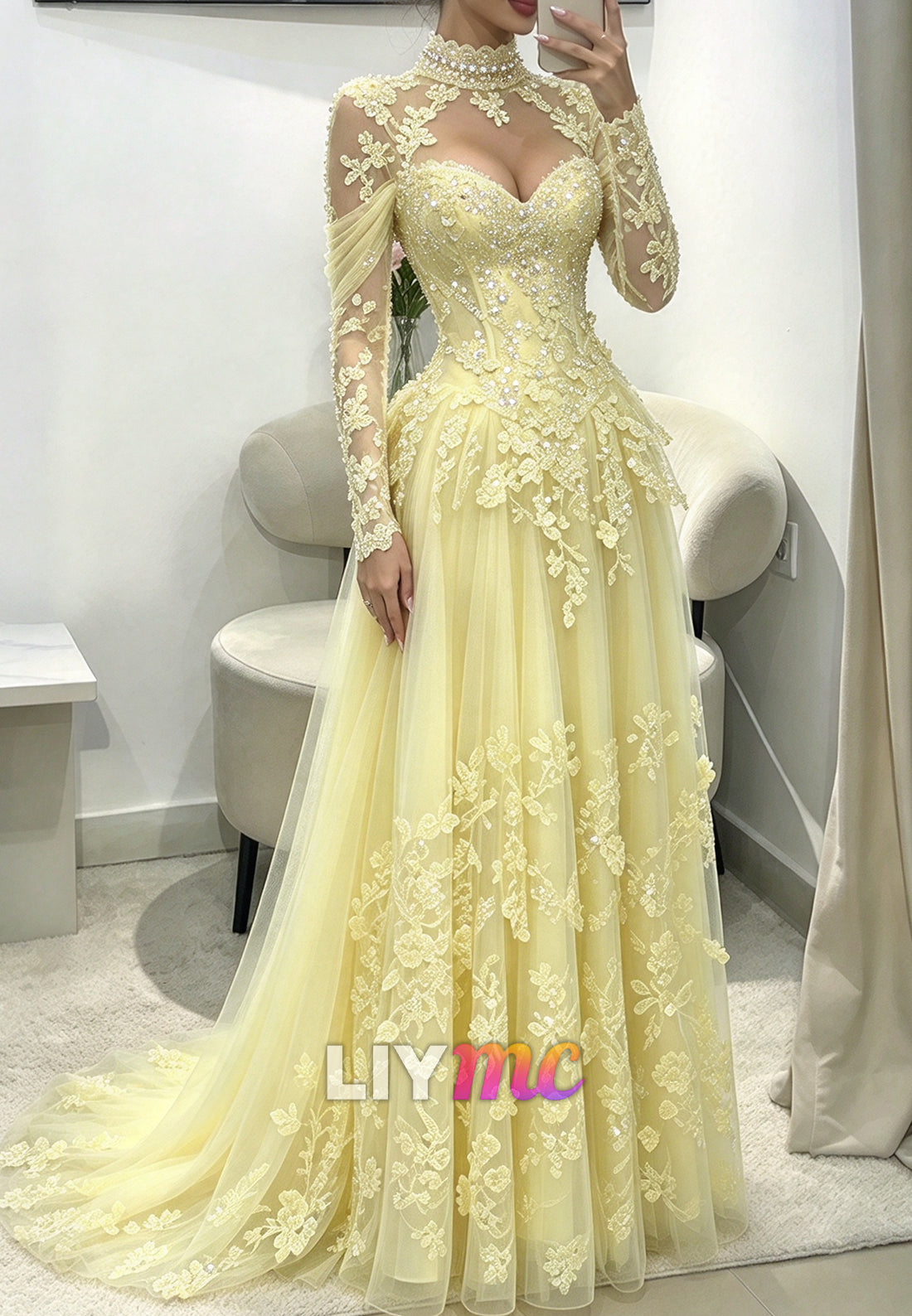 High Neck Sequin Lace Evening Gown with Train
