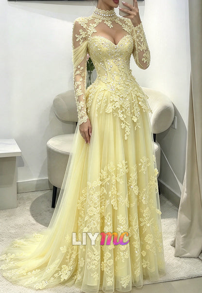High Neck Sequin Lace Evening Gown with Train