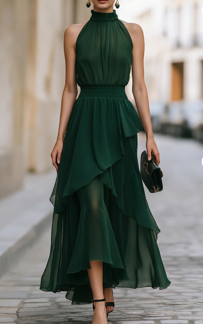 Halter High-Neck Tiered Chiffon Maxi Dress